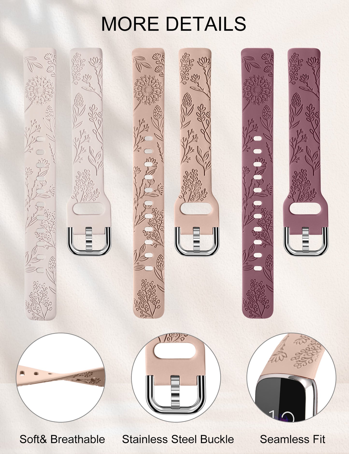 Minyee 3 Packs Compatible with Fitbit Luxe Bands for Women Soft Silicone Floral Engraved Sport Strap Dandelion Wristband Replacement for Fitbit Luxe Watch Bands/Luxe Special Edition Fitness Tracker