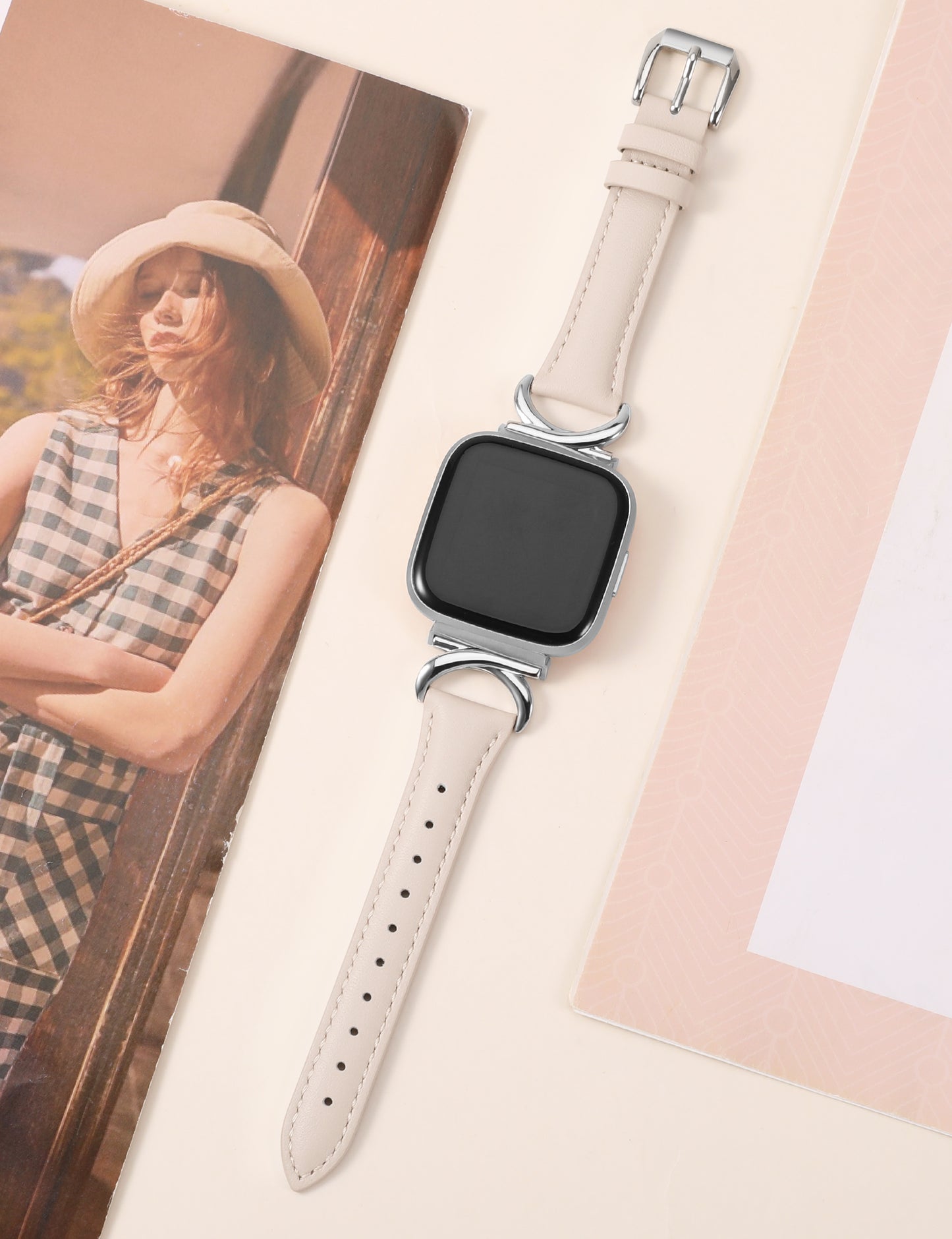 Minyee Leather Band Compatible with Fitbit Versa 2/Fitbit Versa/Versa Lite Bands Women, Slim Thin Dressy Designer Premium Leather Strap with C-Shape Metal Buckle for Versa 2 Smartwatch Accessories