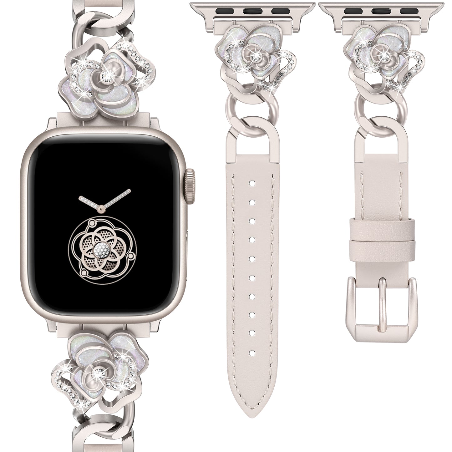 Minyee Compatible with Apple Watch Band 41/40/38/44/45/46/49/42mm Women, Dressy Slim Elegant Leather Metal Link Chain Strap with Bling Camellia Charms for iWatch Ultra 2 Series 10/9/8/7/6/5/4/3/2/1/SE