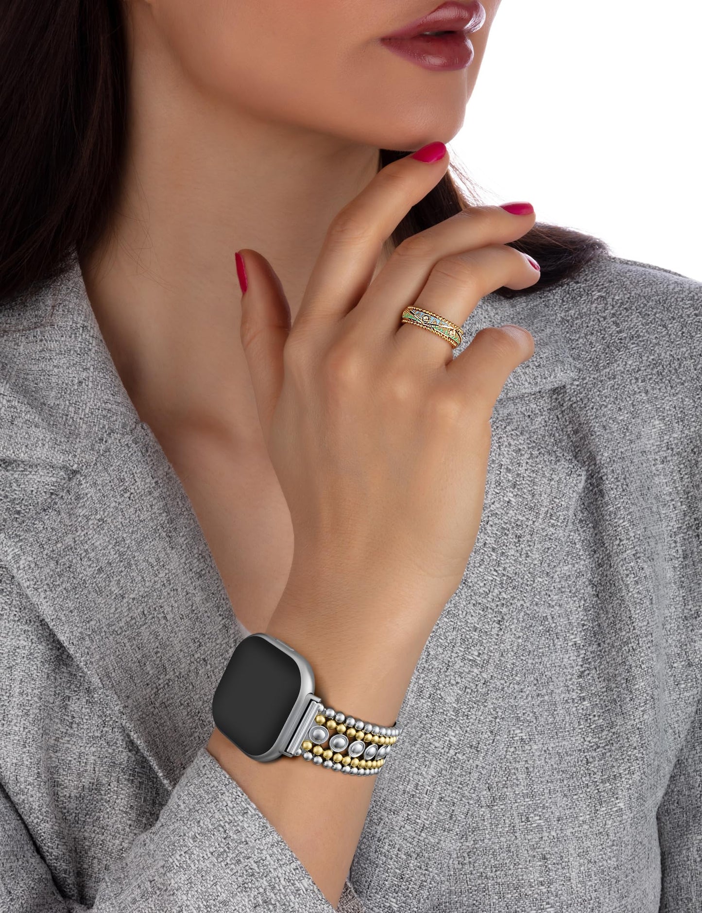 Minyee Metal Bands Compatible with Fitbit Sense 2/Versa 4/Versa 3/Sense Bands Women, Pretty Dressy Stainless Steel Metal Dual Tone Adjustable Round Studded Link Bracelet Replacement Strap for Versa 4