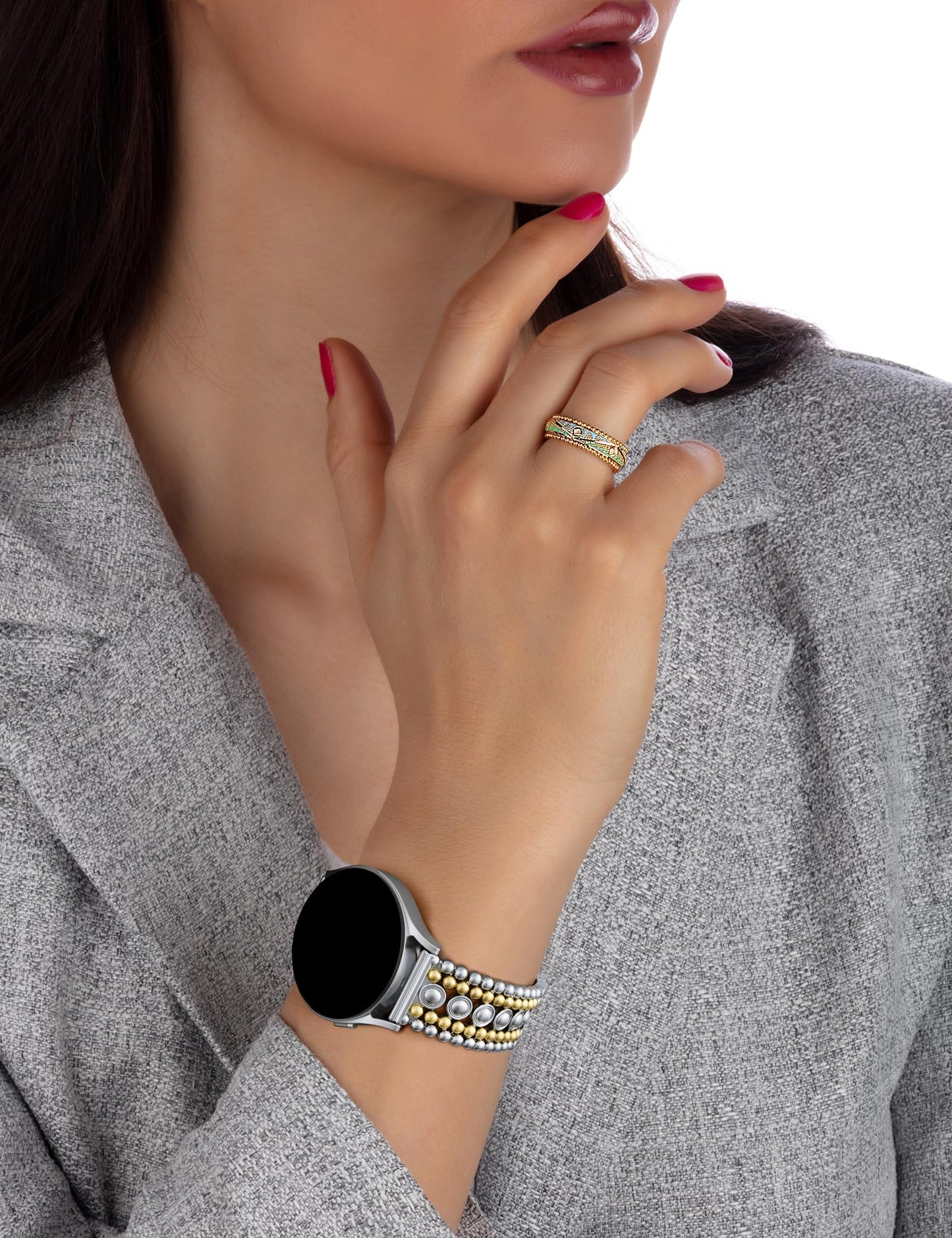 Minyee Compatible with Samsung Galaxy Watch 7 6 5 4 FE 40mm 44mm/Watch 6 Classic 43mm 47mm/Watch 5 Pro 45mm Band Women, 20mm Pretty Dressy Stainless Steel Metal Adjustable Round Studded Link Bracelet