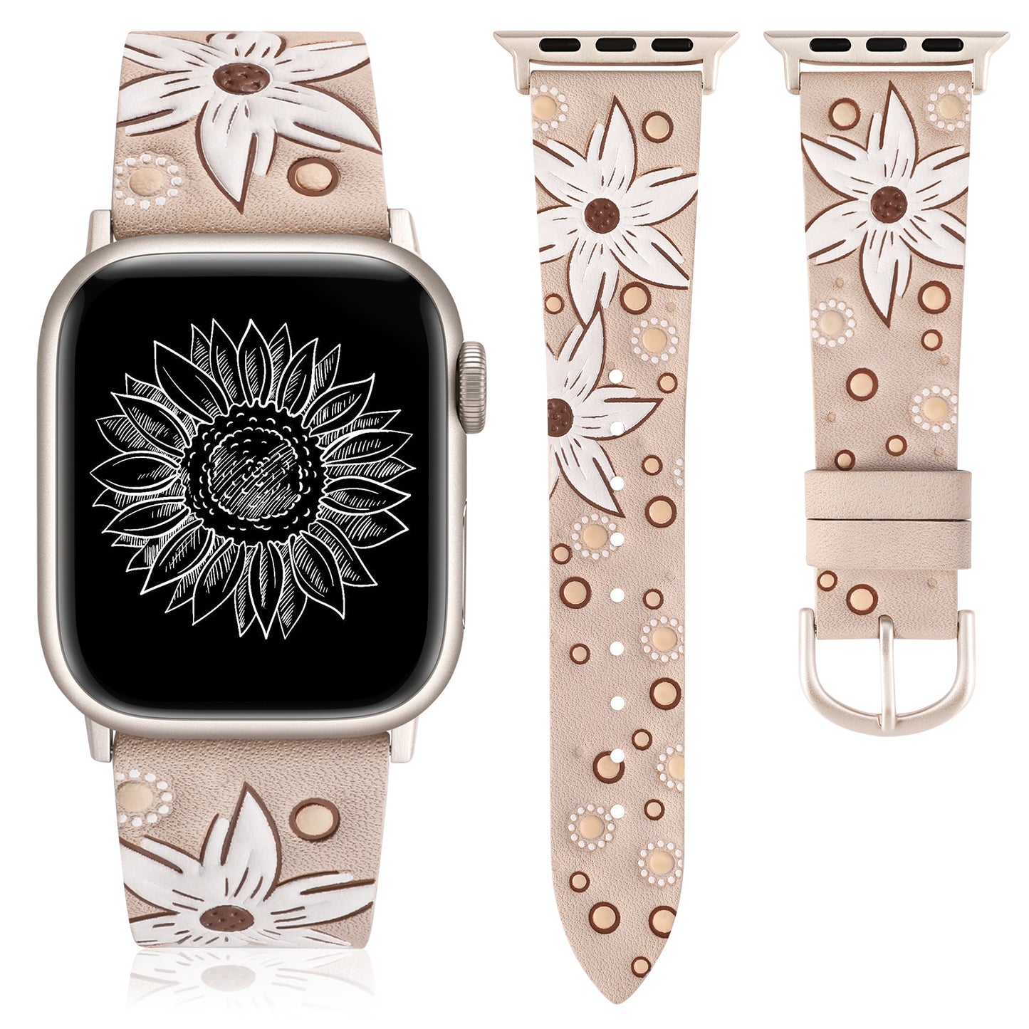 Minyee Leather Band Compatible with Apple Watch Band 41/40/38/44/45/46/49/42mm Women, Boho Western Embossed Sunflower Floral Designer Leather Strap for iWatch Series 10 9 8 7 6 5 4 3 2 1 SE Ultra 2