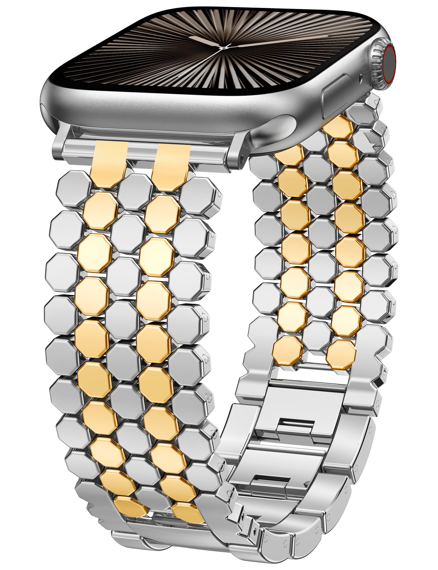 Minyee Compatible with Apple Watch Band 41/40/38/44/45/46/49/42mm Women, Dressy Honeycomb Metal Pretty Strap Designer Gold Silver Link Bracelet Wristband for iWatch Series 10 9 8 7 6 5 4 3 Ultra SE