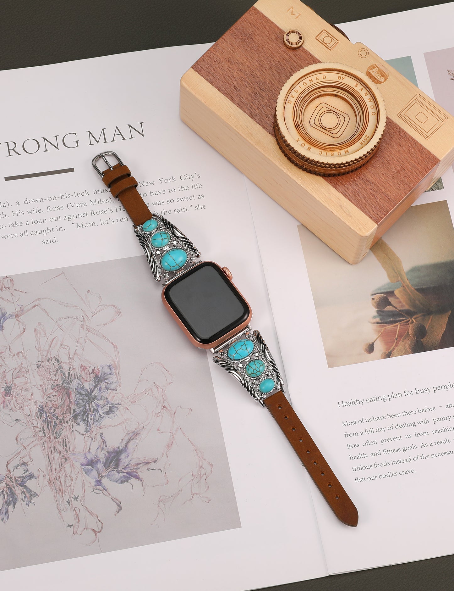 Minyee Leather Band Compatible with Apple Watch Band Women 42/46/38/40/41/44/45/49mm, Boho Western Turquoise Vintage Cowboy Retro Jewelry Adjustable Strap for iWatch Series 10 9 SE 8 7 6 5 4 3 Ultra