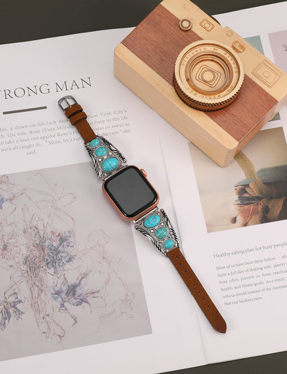 Minyee Leather Band Compatible with Apple Watch Band Women 42/46/38/40/41/44/45/49mm, Boho Western Turquoise Vintage Cowboy Retro Jewelry Adjustable Strap for iWatch Series 10 9 SE 8 7 6 5 4 3 Ultra