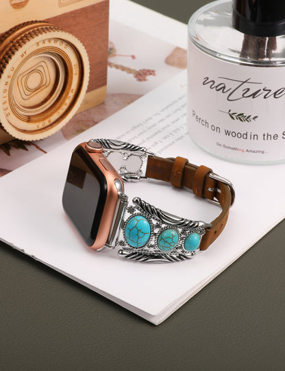 Minyee Leather Band Compatible with Apple Watch Band Women 42/46/38/40/41/44/45/49mm, Boho Western Turquoise Vintage Cowboy Retro Jewelry Adjustable Strap for iWatch Series 10 9 SE 8 7 6 5 4 3 Ultra