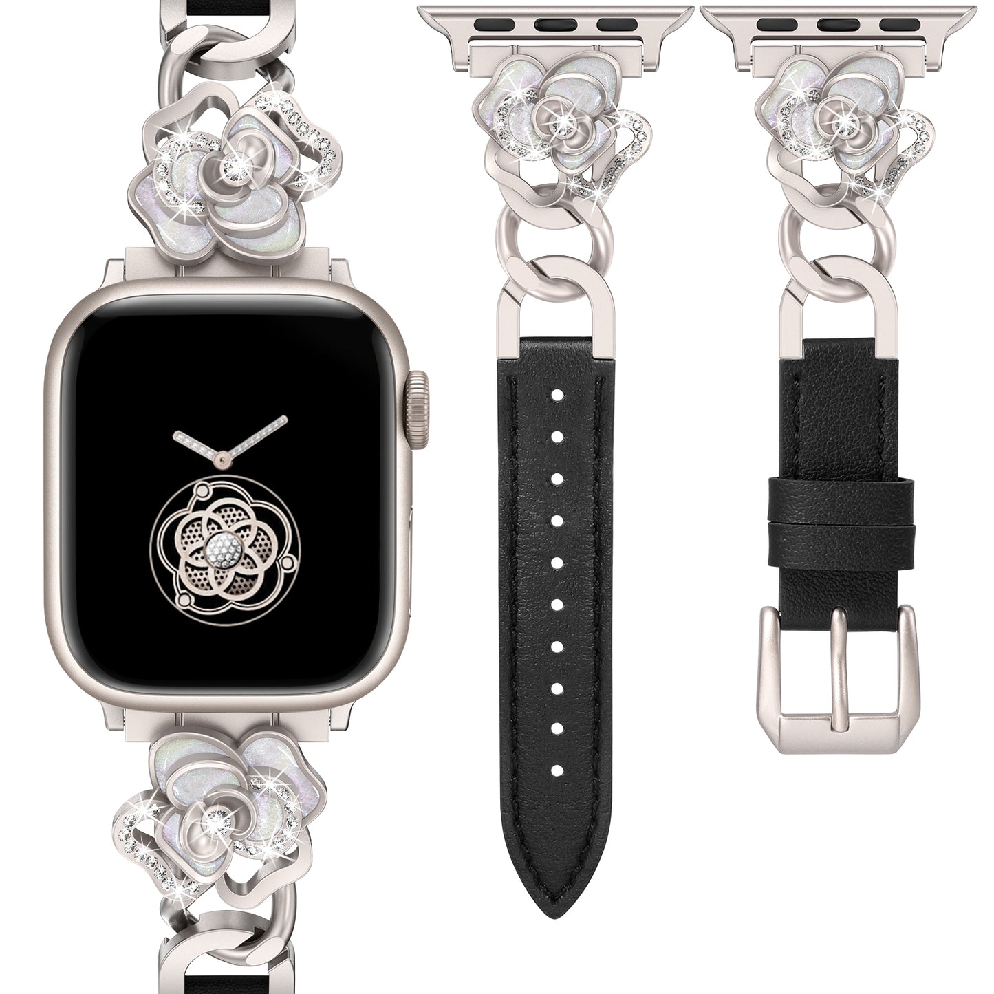 Minyee Compatible with Apple Watch Band 41/40/38/44/45/46/49/42mm Women, Dressy Slim Elegant Leather Metal Link Chain Strap with Bling Camellia Charms for iWatch Ultra 2 Series 10/9/8/7/6/5/4/3/2/1/SE