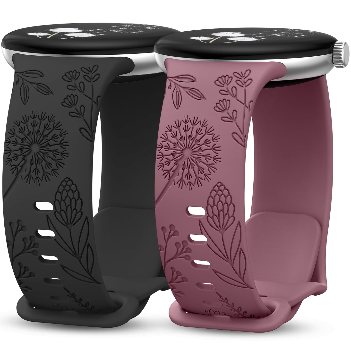 Minyee 2 Packs Floral Engraved Bands Compatible with Google Pixel Watch 3/4, Cute Soft Silicone Flower Sport Fancy Straps for Women