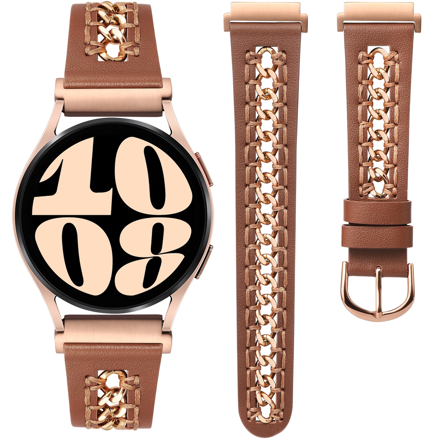 Minyee Leather Band Compatible with Samsung Galaxy Watch 7/6/5/4/FE/Active 2 40mm 44mm/Watch 6 Classic 43/47mm/Watch 5 Pro 45mm Bands, 20mm Dressy Leather Strap with Stainless Steel Metal Chain Women