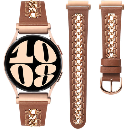 Minyee Leather Band Compatible with Samsung Galaxy Watch 7/6/5/4/FE/Active 2 40mm 44mm/Watch 6 Classic 43/47mm/Watch 5 Pro 45mm Bands, 20mm Dressy Leather Strap with Stainless Steel Metal Chain Women