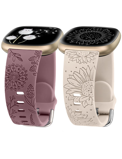 Minyee 2 Packs Floral Engraved Band Compatible with Fitbit Versa 4/Versa 3/Sense 2/Sense Band Women, Cute Silicone Dandelion Sunflower Design Soft Sport Fancy Summer Strap for Versa 4