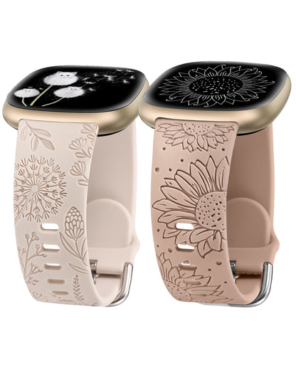 Minyee 2 Packs Floral Engraved Band Compatible with Fitbit Versa 4/Versa 3/Sense 2/Sense Band Women, Cute Silicone Dandelion Sunflower Design Soft Sport Fancy Summer Strap for Versa 4