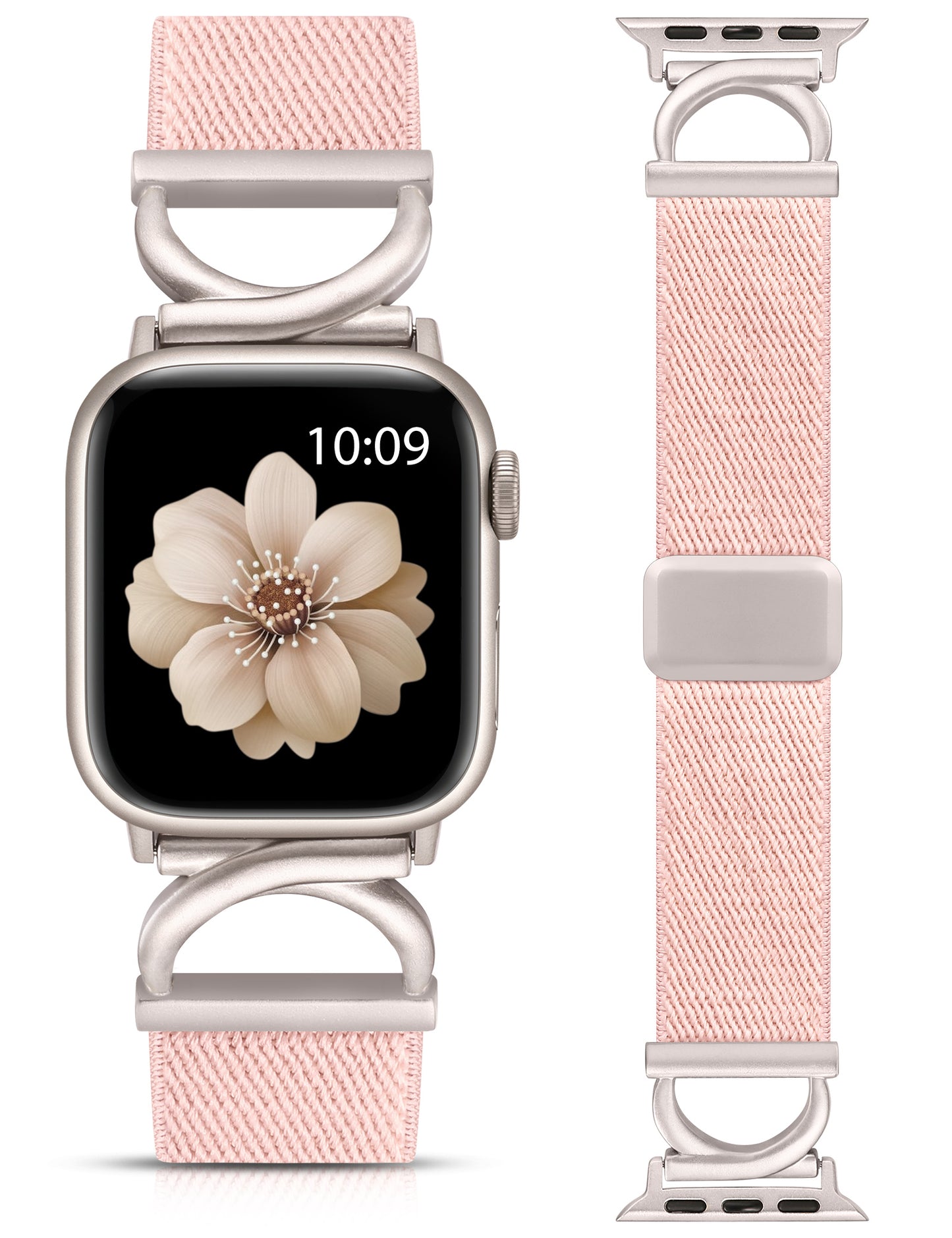 Minyee Stretchy Magnetic Band Compatible with Apple Watch Bands 38/40/41/42/44/45/46/49mm Women, Elastic Nylon Dressy Designer C-Shape Metal Strap for iWatch Series 11 10 9 8 7 6 5 4 SE/Ultra 3 2 1