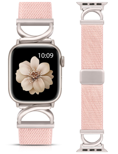 Minyee Stretchy Magnetic Band Compatible with Apple Watch Bands 38/40/41/42/44/45/46/49mm Women, Elastic Nylon Dressy Designer C-Shape Metal Strap for iWatch Series 11 10 9 8 7 6 5 4 SE/Ultra 3 2 1
