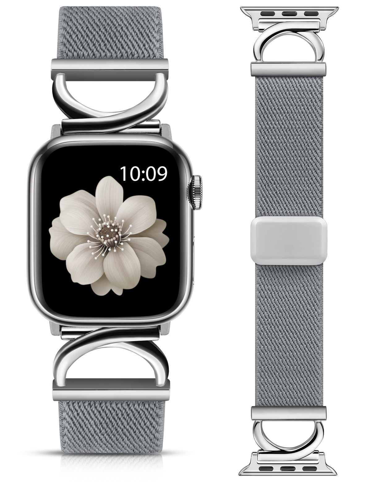 Minyee Stretchy Magnetic Band Compatible with Apple Watch Bands 38/40/41/42/44/45/46/49mm Women, Elastic Nylon Dressy Designer C-Shape Metal Strap for iWatch Series 11 10 9 8 7 6 5 4 SE/Ultra 3 2 1