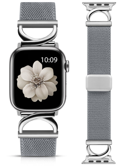 Minyee Stretchy Magnetic Band Compatible with Apple Watch Bands 38/40/41/42/44/45/46/49mm Women, Elastic Nylon Dressy Designer C-Shape Metal Strap for iWatch Series 11 10 9 8 7 6 5 4 SE/Ultra 3 2 1