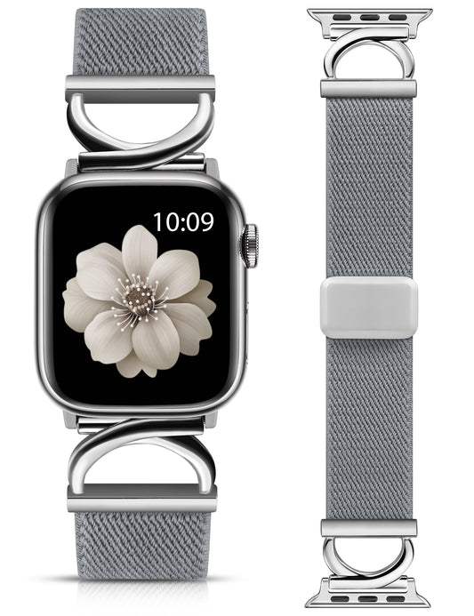 Minyee Stretchy Magnetic Band Compatible with Apple Watch Bands 38/40/41/42/44/45/46/49mm Women, Elastic Nylon Dressy Designer C-Shape Metal Strap for iWatch Series 11 10 9 8 7 6 5 4 SE/Ultra 3 2 1