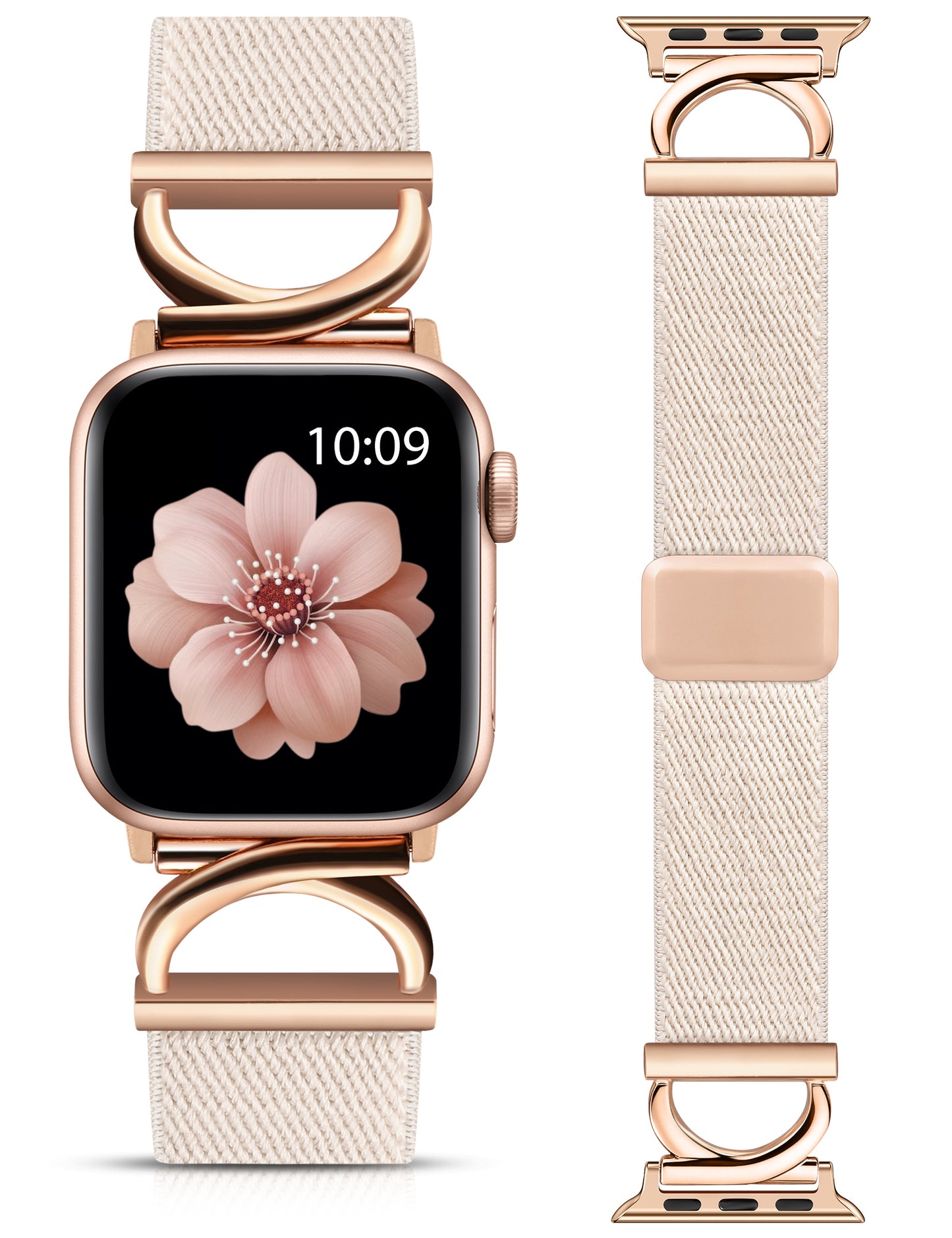 Minyee Stretchy Magnetic Band Compatible with Apple Watch Bands 38/40/41/42/44/45/46/49mm Women, Elastic Nylon Dressy Designer C-Shape Metal Strap for iWatch Series 11 10 9 8 7 6 5 4 SE/Ultra 3 2 1