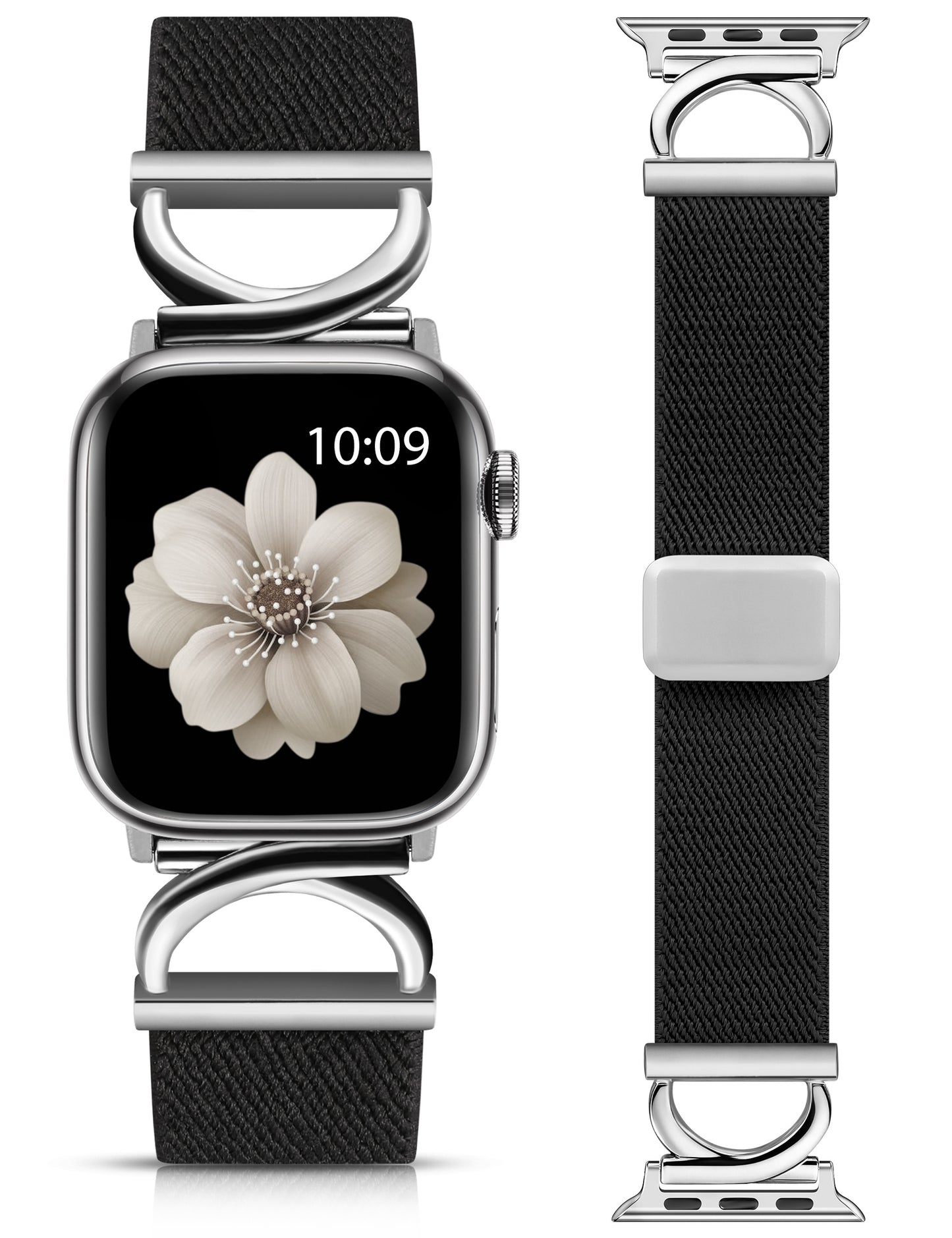 Minyee Stretchy Magnetic Band Compatible with Apple Watch Bands 38/40/41/42/44/45/46/49mm Women, Elastic Nylon Dressy Designer C-Shape Metal Strap for iWatch Series 11 10 9 8 7 6 5 4 SE/Ultra 3 2 1