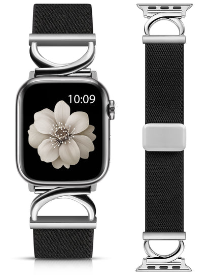 Minyee Stretchy Magnetic Band Compatible with Apple Watch Bands 38/40/41/42/44/45/46/49mm Women, Elastic Nylon Dressy Designer C-Shape Metal Strap for iWatch Series 11 10 9 8 7 6 5 4 SE/Ultra 3 2 1