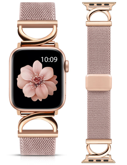 Minyee Stretchy Magnetic Band Compatible with Apple Watch Bands 38/40/41/42/44/45/46/49mm Women, Elastic Nylon Dressy Designer C-Shape Metal Strap for iWatch Series 11 10 9 8 7 6 5 4 SE/Ultra 3 2 1
