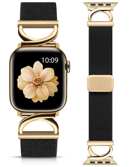 Minyee Stretchy Magnetic Band Compatible with Apple Watch Bands 38/40/41/42/44/45/46/49mm Women, Elastic Nylon Dressy Designer C-Shape Metal Strap for iWatch Series 11 10 9 8 7 6 5 4 SE/Ultra 3 2 1