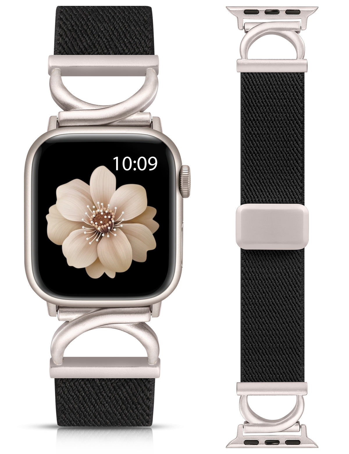 Minyee Stretchy Magnetic Band Compatible with Apple Watch Bands 38/40/41/42/44/45/46/49mm Women, Elastic Nylon Dressy Designer C-Shape Metal Strap for iWatch Series 11 10 9 8 7 6 5 4 SE/Ultra 3 2 1