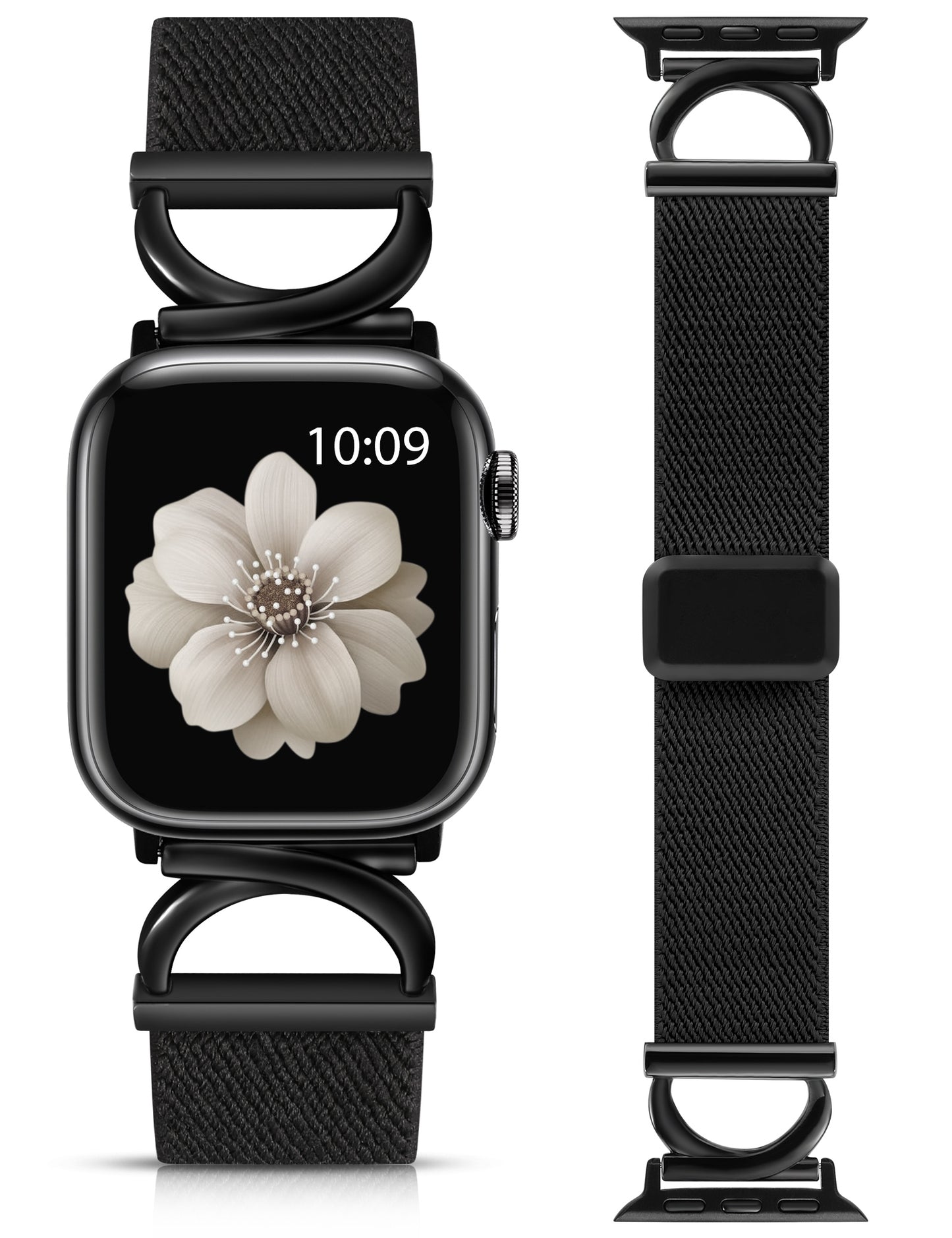 Minyee Stretchy Magnetic Band Compatible with Apple Watch Bands 38/40/41/42/44/45/46/49mm Women, Elastic Nylon Dressy Designer C-Shape Metal Strap for iWatch Series 11 10 9 8 7 6 5 4 SE/Ultra 3 2 1