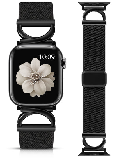 Minyee Stretchy Magnetic Band Compatible with Apple Watch Bands 38/40/41/42/44/45/46/49mm Women, Elastic Nylon Dressy Designer C-Shape Metal Strap for iWatch Series 11 10 9 8 7 6 5 4 SE/Ultra 3 2 1