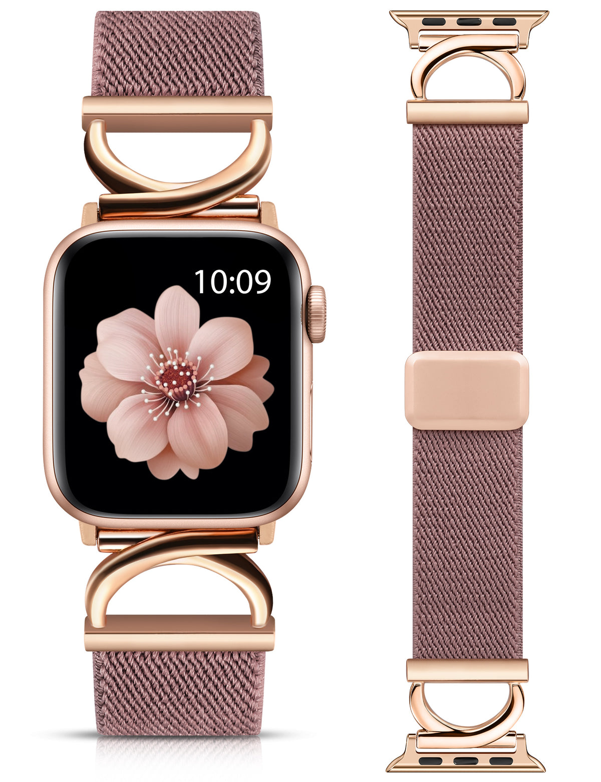 Minyee Stretchy Magnetic Band Compatible with Apple Watch Bands 38/40/41/42/44/45/46/49mm Women, Elastic Nylon Dressy Designer C-Shape Metal Strap for iWatch Series 11 10 9 8 7 6 5 4 SE/Ultra 3 2 1