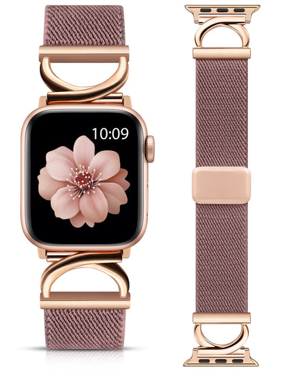 Minyee Stretchy Magnetic Band Compatible with Apple Watch Bands 38/40/41/42/44/45/46/49mm Women, Elastic Nylon Dressy Designer C-Shape Metal Strap for iWatch Series 11 10 9 8 7 6 5 4 SE/Ultra 3 2 1