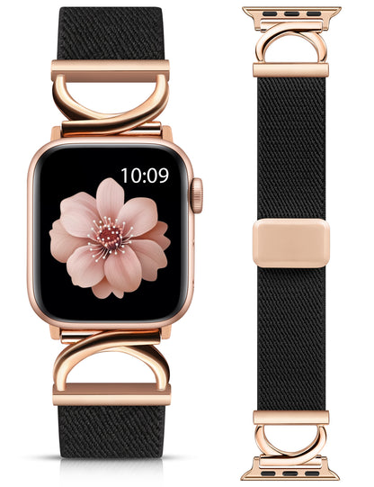 Minyee Stretchy Magnetic Band Compatible with Apple Watch Bands 38/40/41/42/44/45/46/49mm Women, Elastic Nylon Dressy Designer C-Shape Metal Strap for iWatch Series 11 10 9 8 7 6 5 4 SE/Ultra 3 2 1