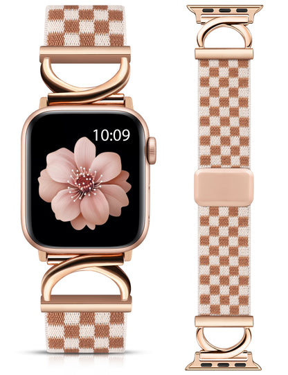 Minyee Stretchy Magnetic Band Compatible with Apple Watch Bands 38/40/41/42/44/45/46/49mm Women, Elastic Nylon Dressy Designer C-Shape Metal Strap for iWatch Series 11 10 9 8 7 6 5 4 SE/Ultra 3 2 1