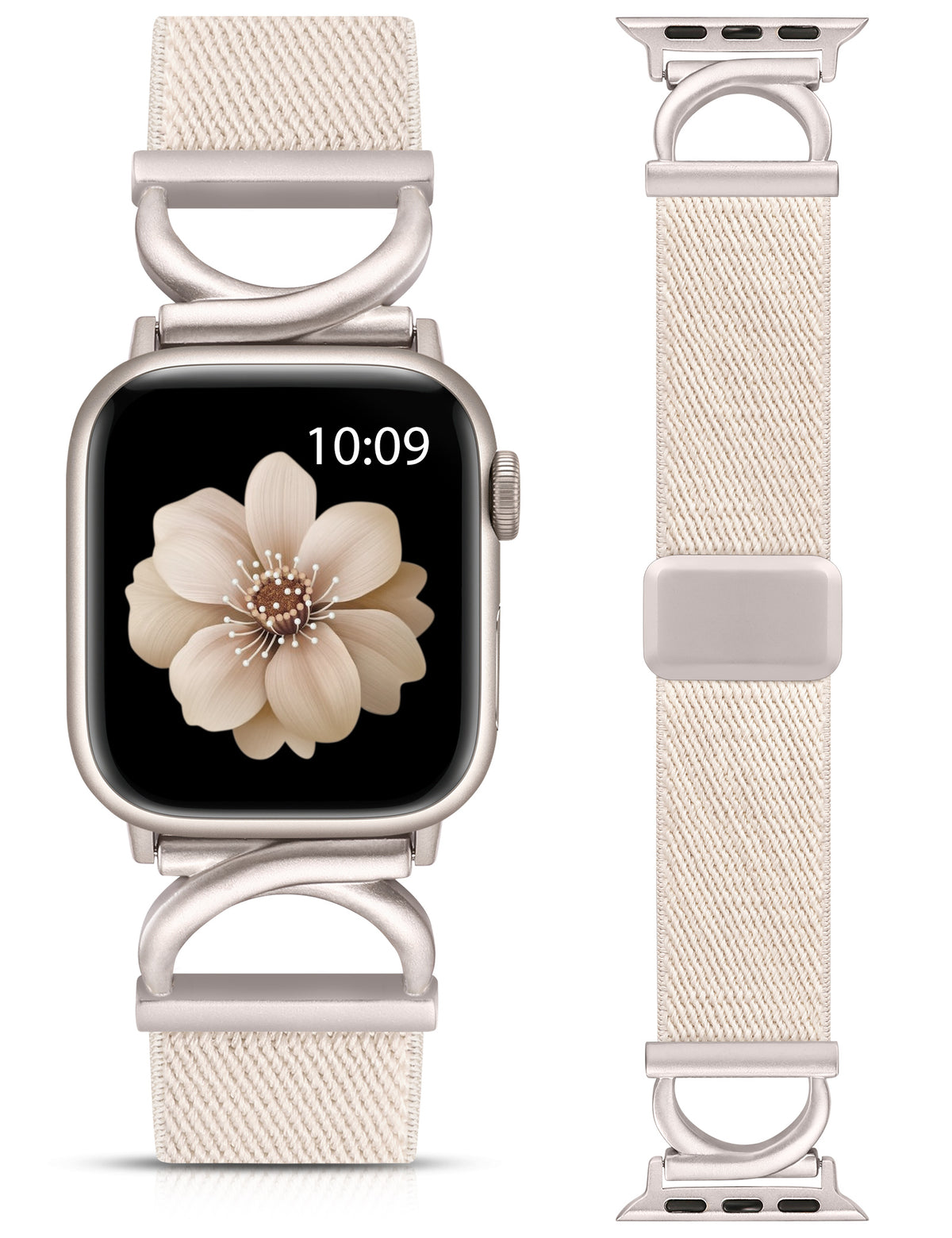 Minyee Stretchy Magnetic Band Compatible with Apple Watch Bands 38/40/41/42/44/45/46/49mm Women, Elastic Nylon Dressy Designer C-Shape Metal Strap for iWatch Series 11 10 9 8 7 6 5 4 SE/Ultra 3 2 1