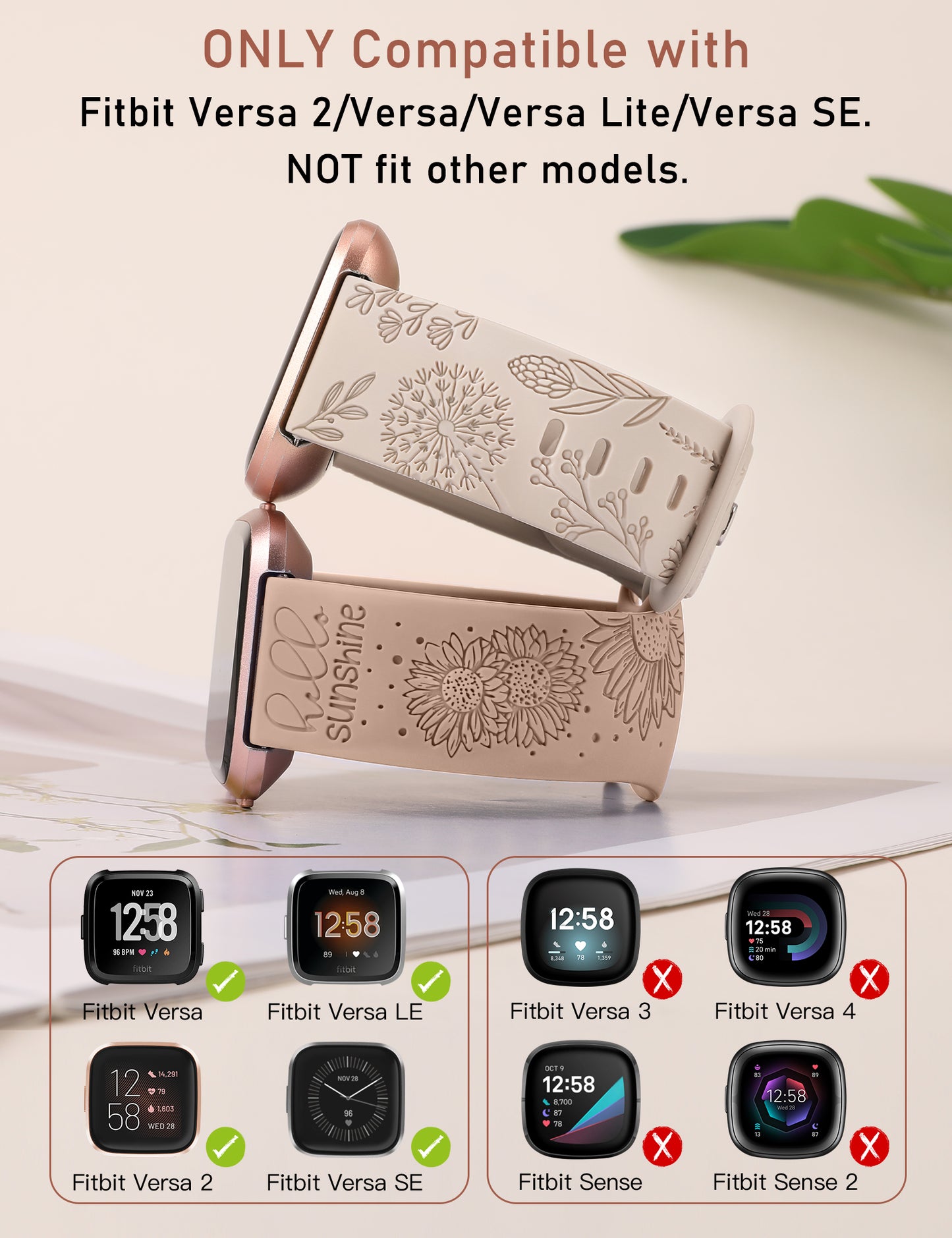 Minyee 2 Packs Floral Engraved Band Compatible with Fitbit Versa 2/Fitbit Versa/Versa Lite Bands Women, Cute Soft Silicone Sunflower Dandelion Sport Designer Fancy Summer Strap for Versa 2 Smart Watch