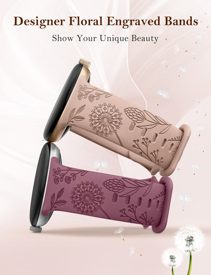 Minyee 2 Packs Floral Engraved Bands Compatible with Google Pixel Watch 3/4, Cute Soft Silicone Flower Sport Fancy Straps for Women