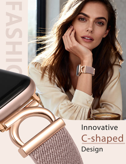 Minyee Stretchy Magnetic Band Compatible with Apple Watch Bands 38/40/41/42/44/45/46/49mm Women, Elastic Nylon Dressy Designer C-Shape Metal Strap for iWatch Series 11 10 9 8 7 6 5 4 SE/Ultra 3 2 1