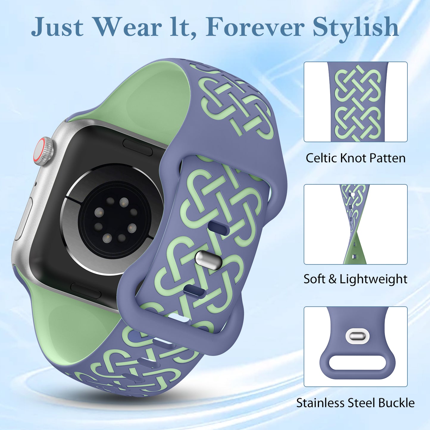 Minyee 2 Pack Engraved Bands Compatible with Apple Watch Band 38/40/41/42/44/45/46/49mm, Soft Silicone Cute Two-Tone Celtic Knot Pattern Sport Strap for iWatch Series 11 10 9 8 7 6 5 4 SE/Ultra 3 2 1