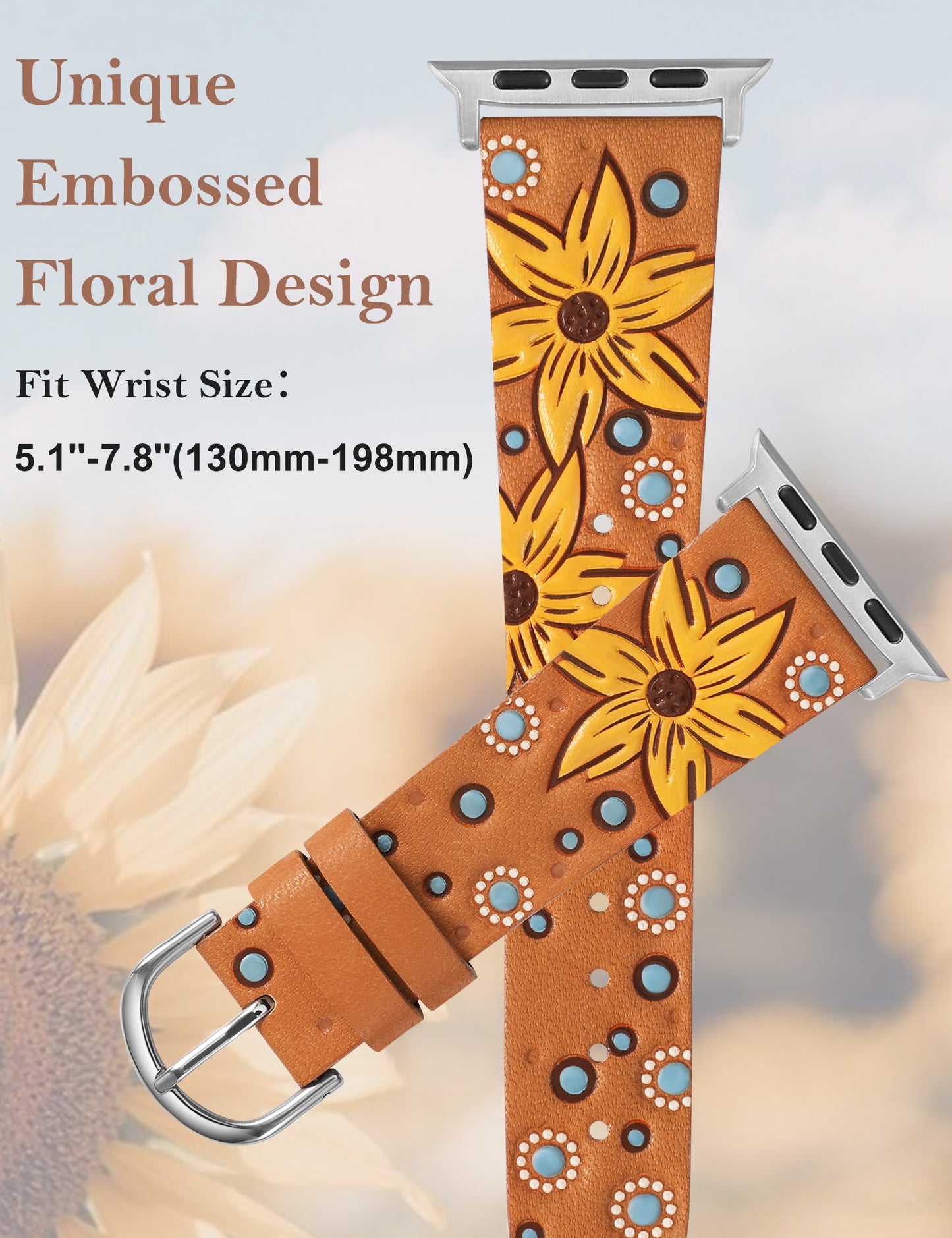 Minyee Leather Band Compatible with Apple Watch Band 41/40/38/44/45/46/49/42mm Women, Boho Western Embossed Sunflower Floral Designer Leather Strap for iWatch Series 10 9 8 7 6 5 4 3 2 1 SE Ultra 2