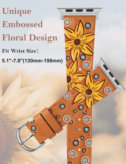Minyee Leather Band Compatible with Apple Watch Band 41/40/38/44/45/46/49/42mm Women, Boho Western Embossed Sunflower Floral Designer Leather Strap for iWatch Series 10 9 8 7 6 5 4 3 2 1 SE Ultra 2