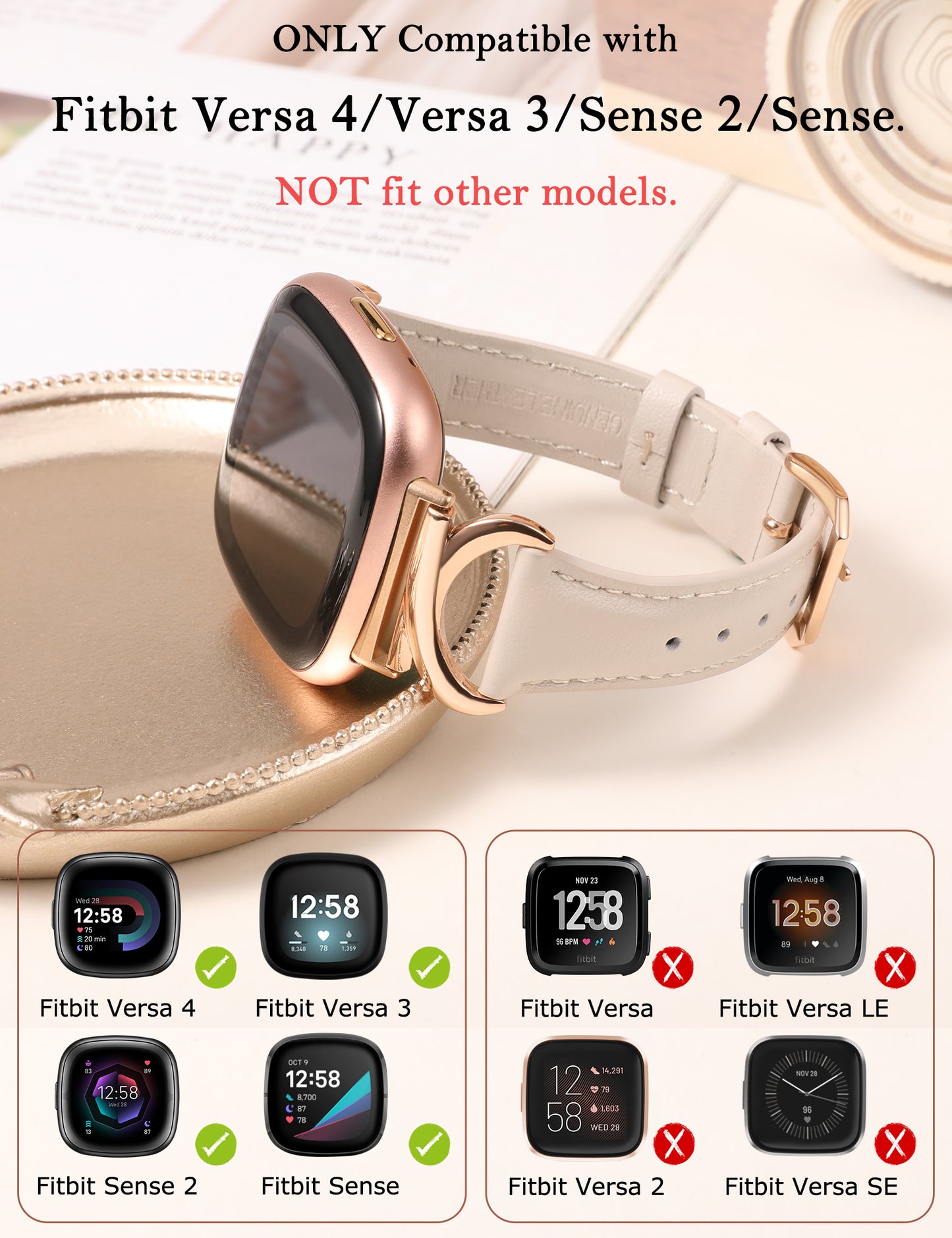 Minyee Leather Bands Compatible with Fitbit Versa 4/Versa 3/Fitbit Sense 2/Sense Band Women, Slim Thin Dressy Designer Premium Leather Strap with C-Shape Metal Buckle for Versa 3 4 Sense 2 Smartwatch