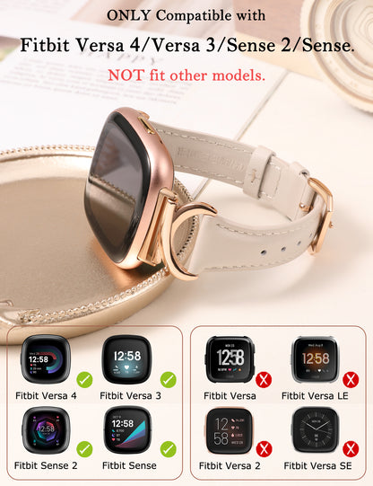 Minyee Leather Bands Compatible with Fitbit Versa 4/Versa 3/Fitbit Sense 2/Sense Band Women, Slim Thin Dressy Designer Premium Leather Strap with C-Shape Metal Buckle for Versa 3 4 Sense 2 Smartwatch