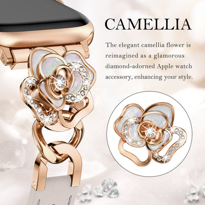 Minyee Compatible with Apple Watch Band 41/40/38/44/45/46/49/42mm Women, Dressy Slim Elegant Leather Metal Link Chain Strap with Bling Camellia Charms for iWatch Ultra 2 Series 10/9/8/7/6/5/4/3/2/1/SE