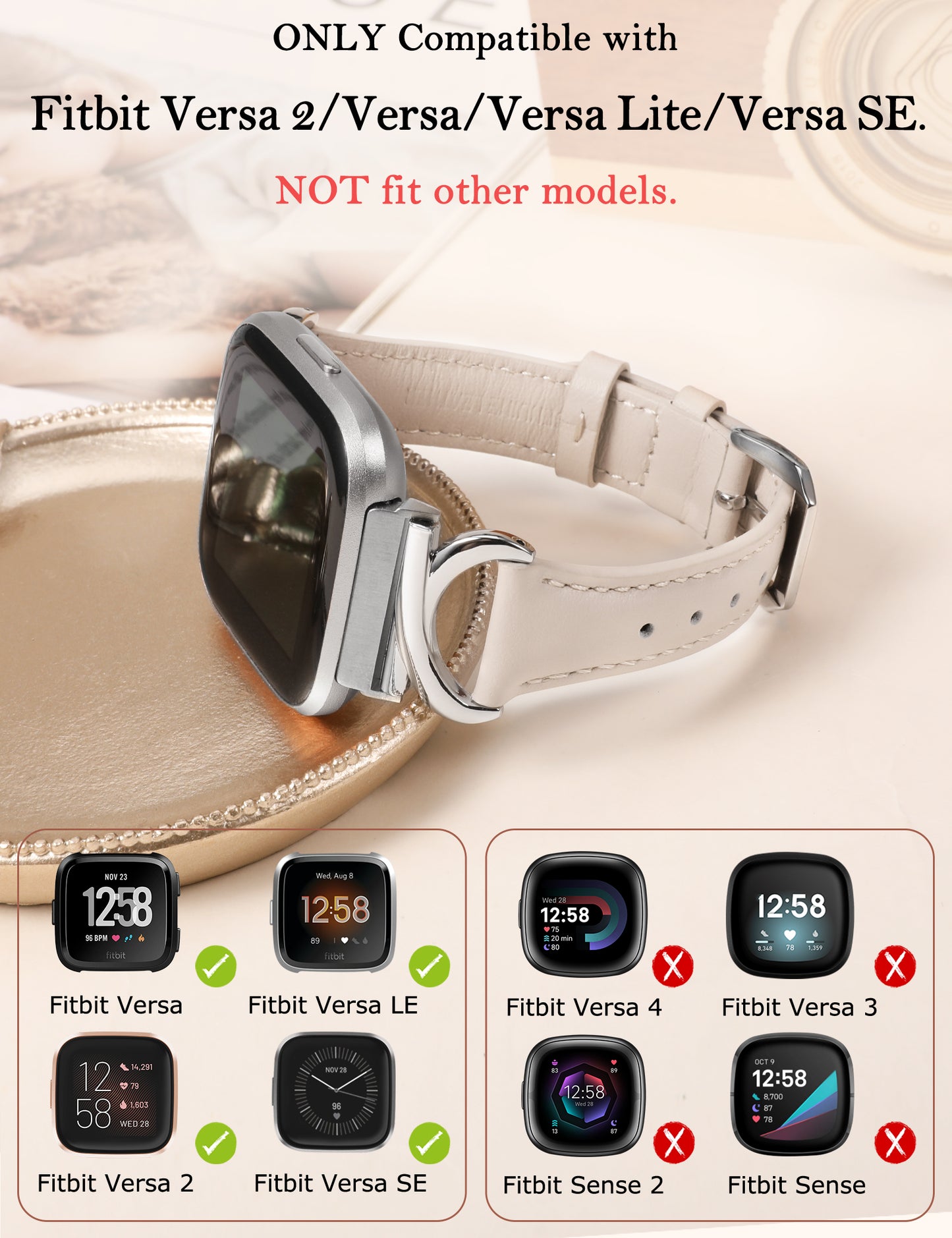 Minyee Leather Band Compatible with Fitbit Versa 2/Fitbit Versa/Versa Lite Bands Women, Slim Thin Dressy Designer Premium Leather Strap with C-Shape Metal Buckle for Versa 2 Smartwatch Accessories