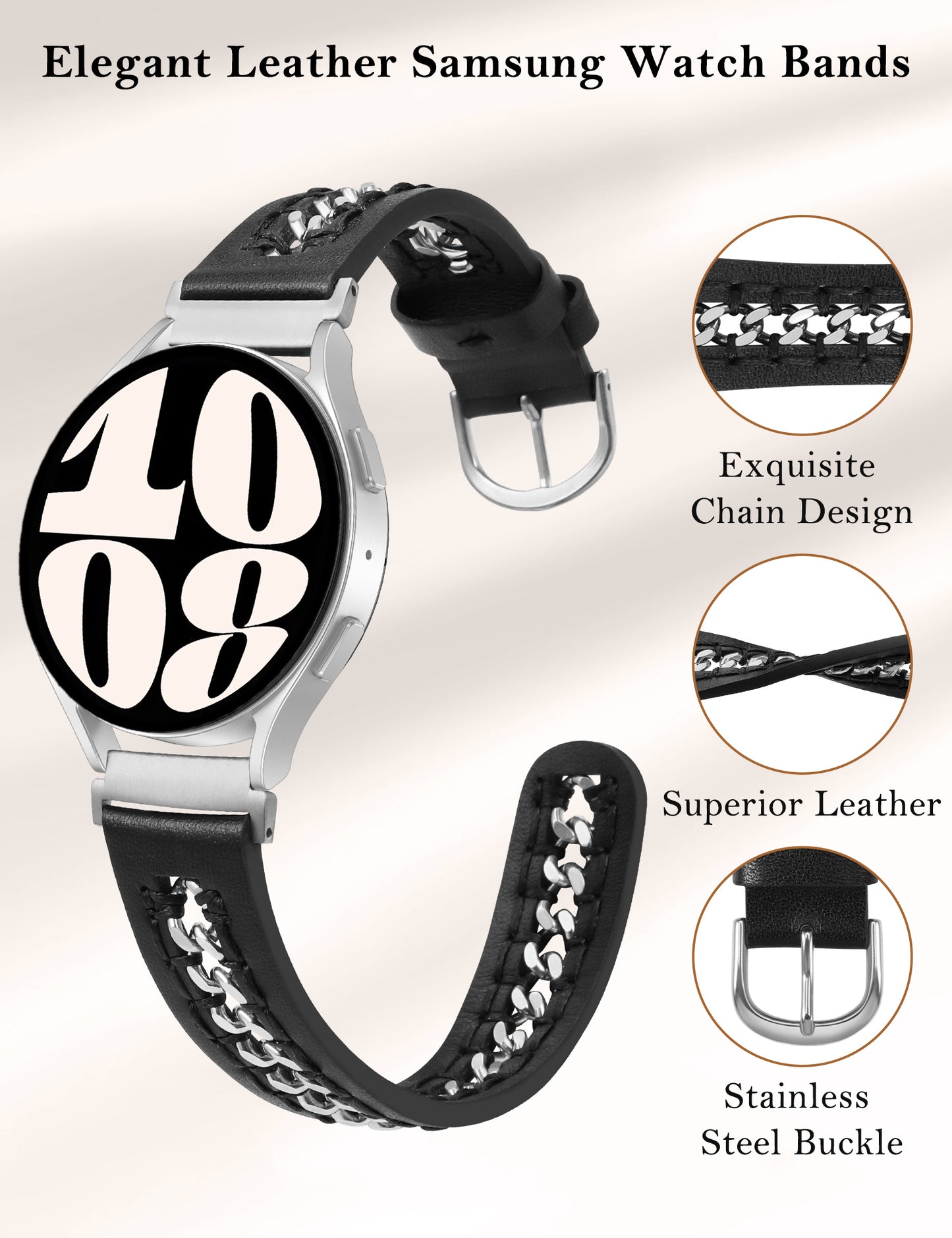 Minyee Leather Band Compatible with Samsung Galaxy Watch 7/6/5/4/FE/Active 2 40mm 44mm/Watch 6 Classic 43/47mm/Watch 5 Pro 45mm Bands, 20mm Dressy Leather Strap with Stainless Steel Metal Chain Women