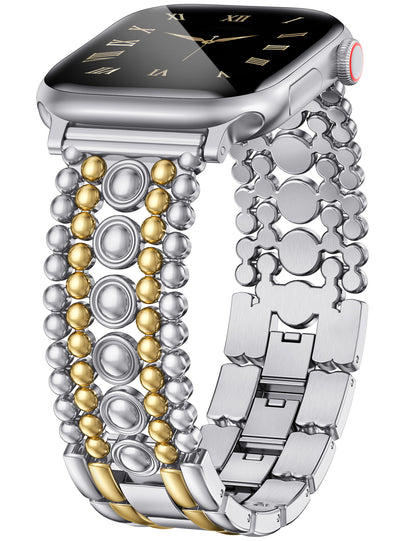 Minyee Compatible with Apple Watch Band 42/41/40/38/44/45/46/49mm Women, Dressy Pretty Stainless Steel Metal Strap Design Adjustable Studded Link Bracelet for iWatch Series 10 9 Ultra SE 8 7 6 5 4 3