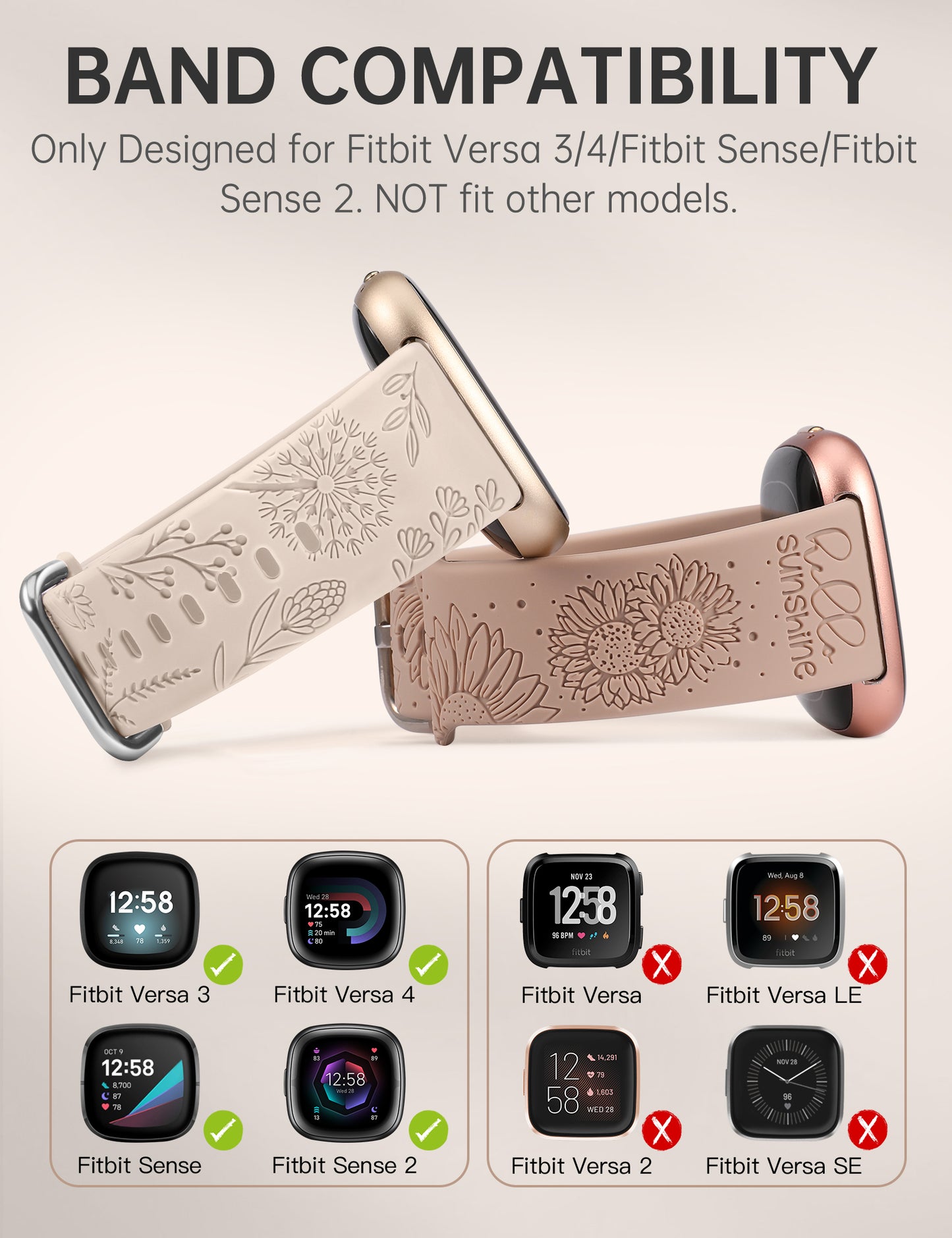 Minyee 2 Packs Floral Engraved Band Compatible with Fitbit Versa 4/Versa 3/Sense 2/Sense Band Women, Cute Silicone Dandelion Sunflower Design Soft Sport Fancy Summer Strap for Versa 4