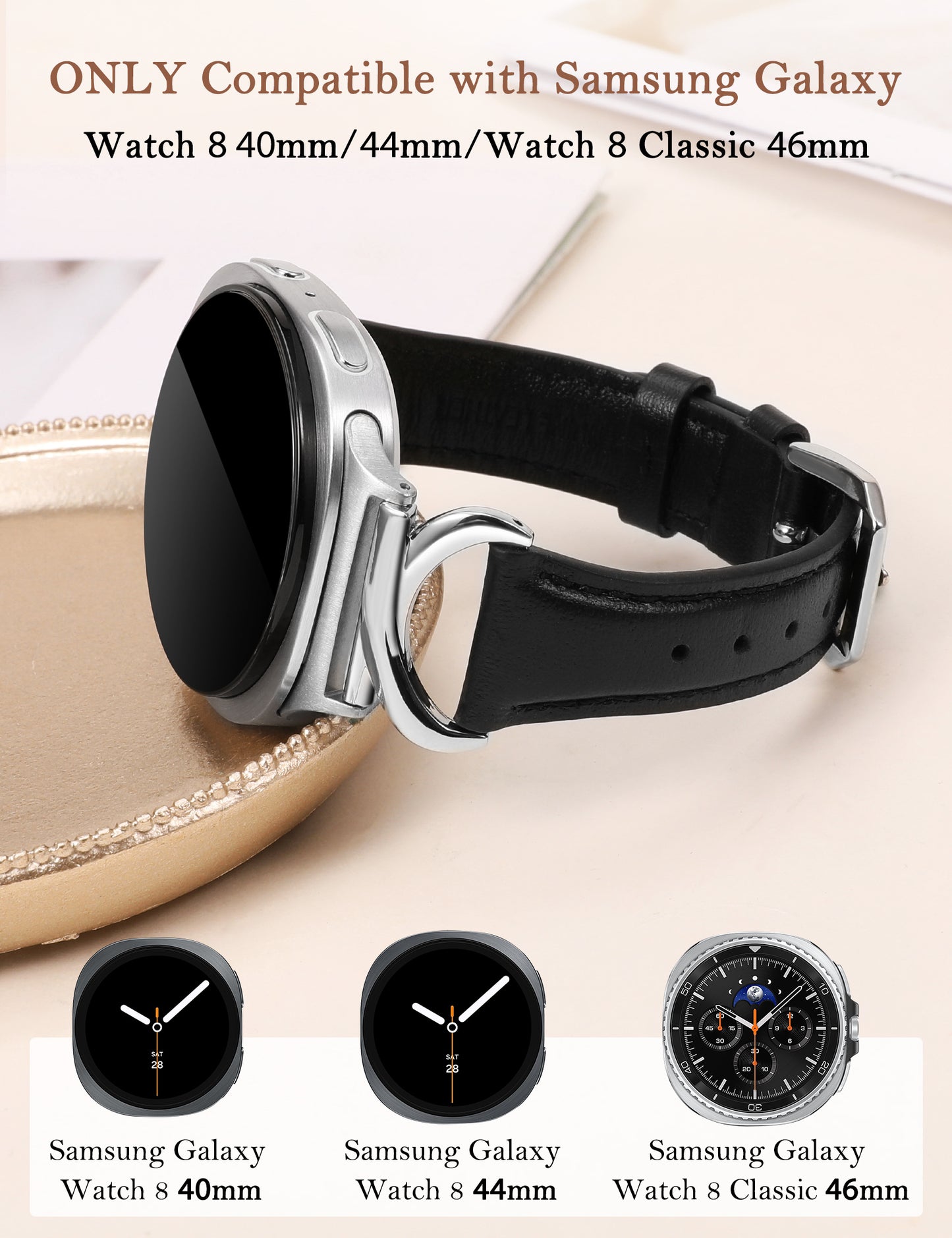 Minyee Leather Band Compatible with Samsung Galaxy Watch 8 40mm 44mm/ 8 Classic 46mm Bands, No Gap One-Click Slim Thin Dressy Leather Strap with C-Shape Metal Buckle Women, NOT for Other Models