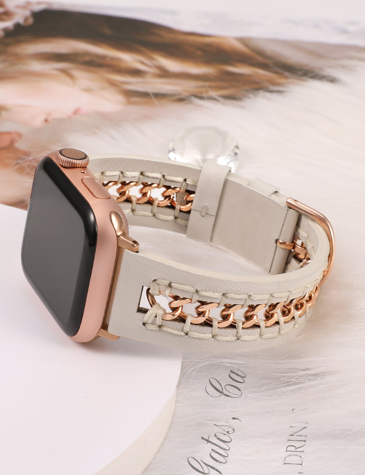Minyee Leather Band Compatible with Apple Watch Bands 38/40/41/42/44/45/46/49mm Women,Dressy Premium Leather Strap with Stainless Steel Metal Chain for iWatch Ultra 2 Series 10/9/8/7/6/5/4/3/2/1/SE