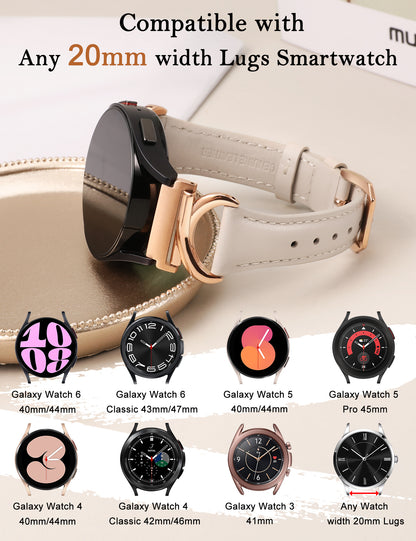 Minyee Leather Band Compatible with Samsung Galaxy Watch 7/6/5/4/FE/Active 2 40mm 44mm/Watch 6 Classic 43mm 47mm/Watch 5 Pro 45mm Bands, 20mm Slim Dressy Leather Strap with C-Shape Metal Buckle Women